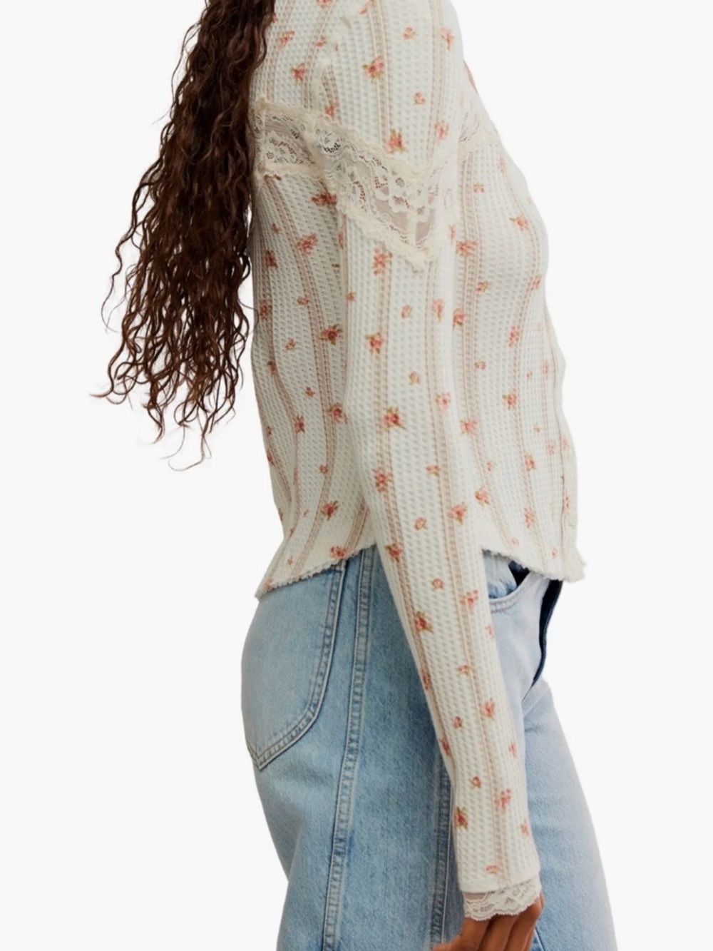 Free People
Let's Party Floral Lace Trim Cotton Waffle Knit Button-Up Top - Picture 3 of 6